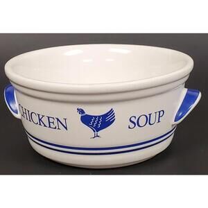 Vintage 1985 F.T.D.A. Chicken Soup Bowl w/ Handles Blue White Rooster Korea